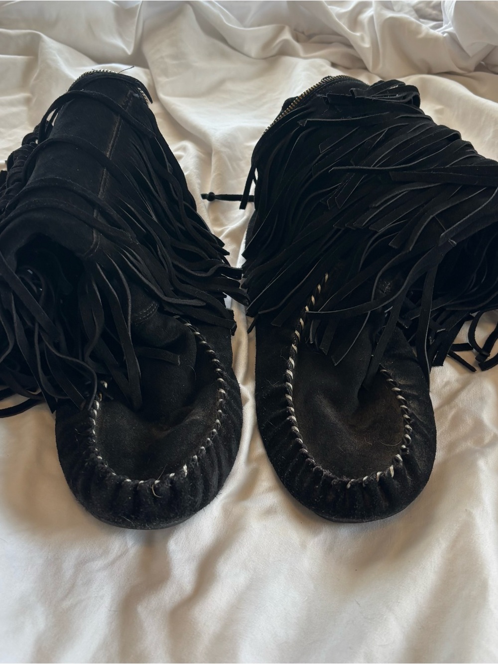 Lamo Boho-Chic Black Suede Fringe Moccasin Boots Size 10